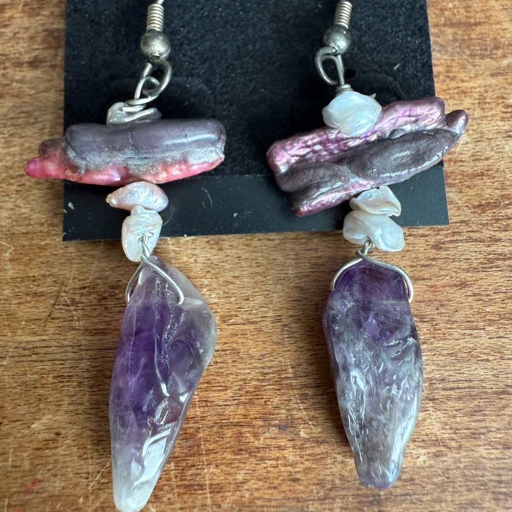 Raw Amethyst and Pearl Dangle Earrings Boho Earthy Natural Elements Earrings